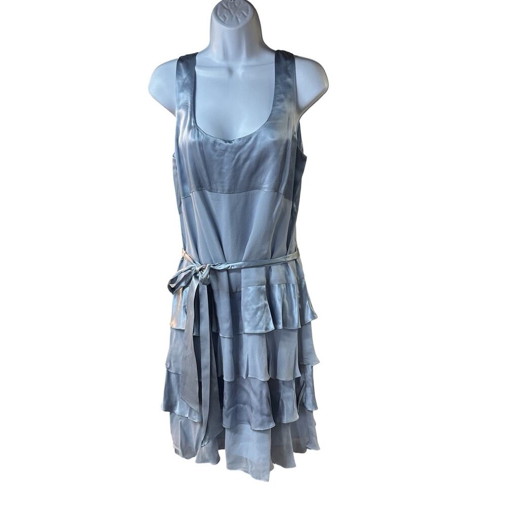 Georgiou Studio Silk Satin Dress Blue Tiered Ruffle Tie Waist Sleeveless Sz 12